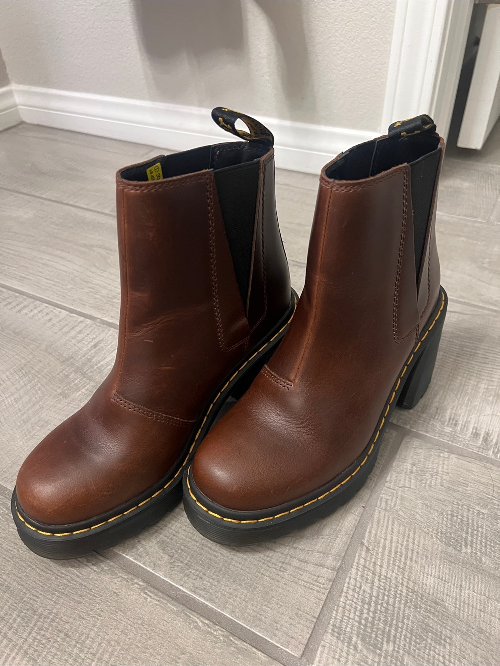 Dr. Martens Brown Leather Chelsea Platform Boots with Yellow Stitching
